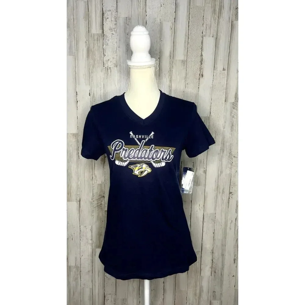 NWT NHL Nashville Predators Youth Girl's Large Navy V-Neck Short Sleeve‎ T-Shirt